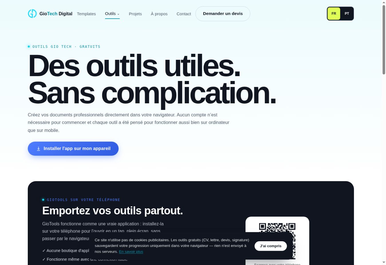 Gio Tools installé comme application web