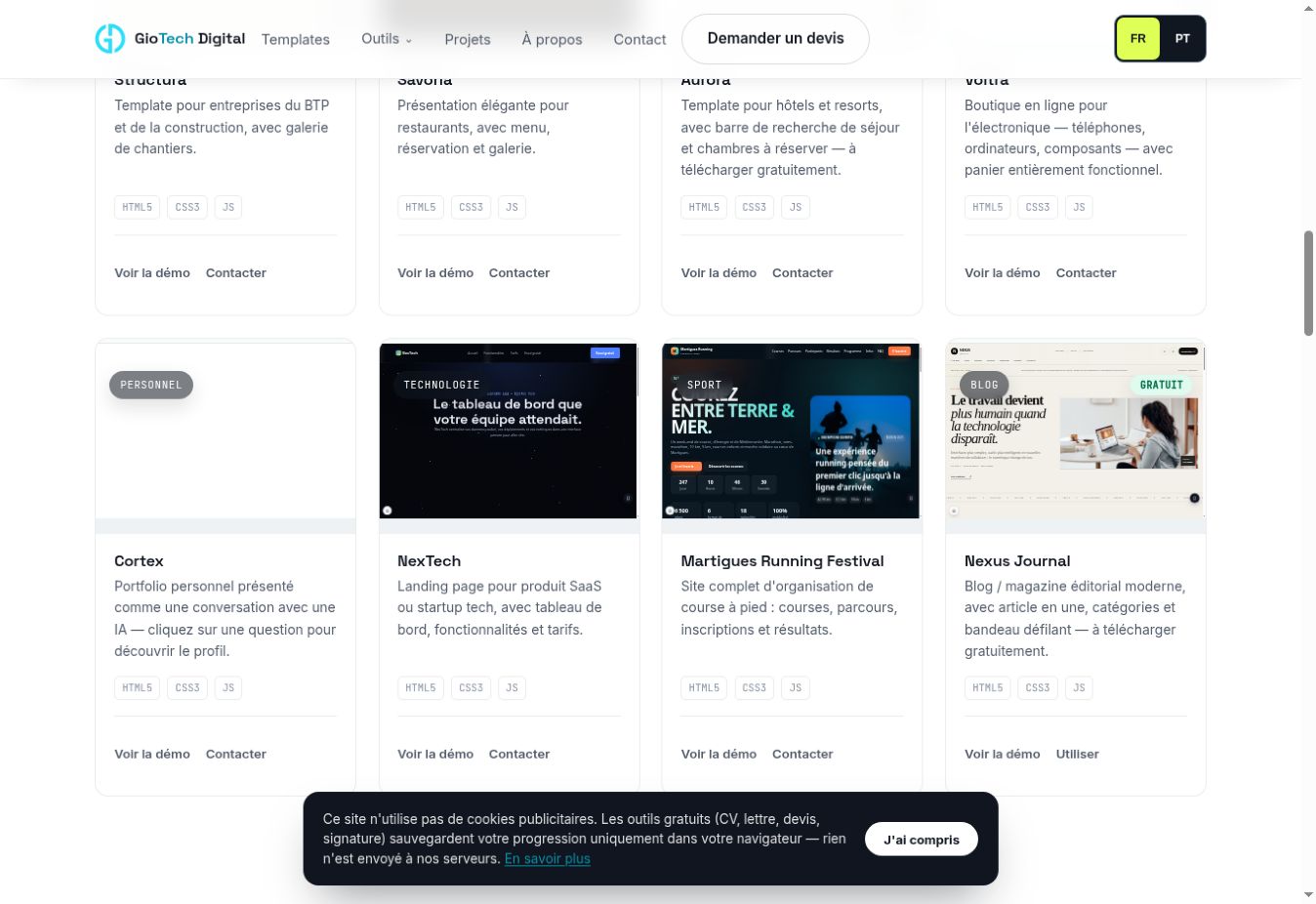 Catalogue de templates de GioTech Digital